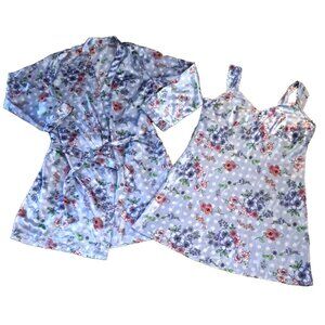 Womens Charteuse Satin Nightgown & Robe Kimono Short Flirty Blue Polka Dot M